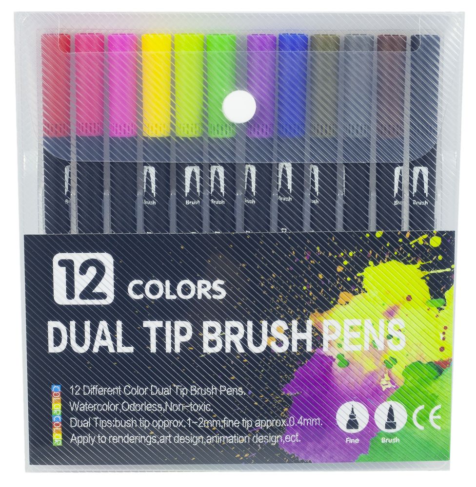 Фломастеры двусторонние  2 в 1 (кисть, маркер) 12 цветов Разноцветный Unison (884-12)