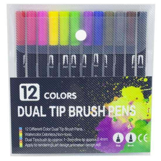 Фломастеры двусторонние  2 в 1 (кисть, маркер) 12 цветов Разноцветный Unison (884-12)