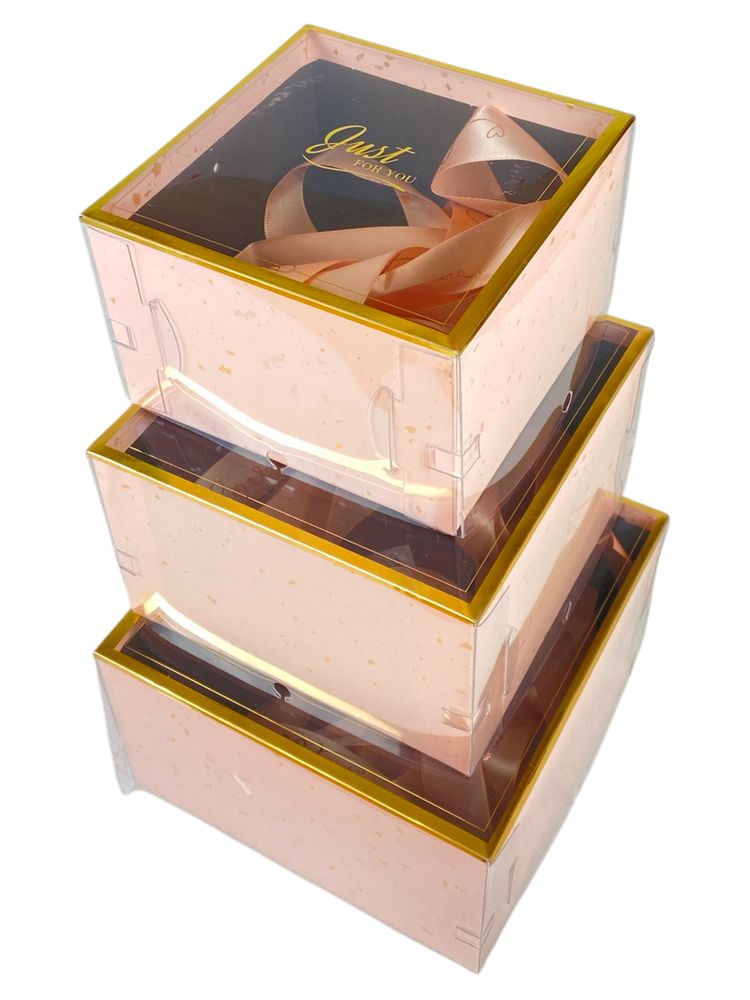 Коробка подарочная квадратная с прозрачной крышкой и лентами, набор 3 шт (P3-003L)