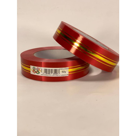 Лента пластиковая 3см, 50 ярд, красная  3 золотых полосы Красный Unison (PAS30 -red)