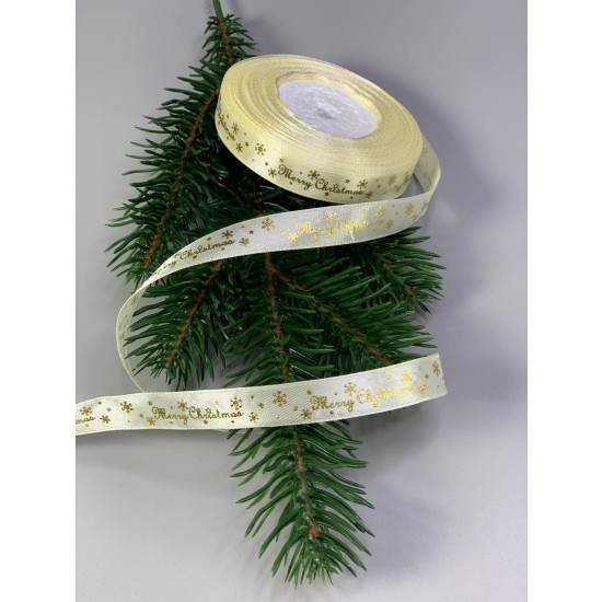 Лента атласная новогодняя Merry Christmas  12мм х 22м Белый Unison (D13212 milk)