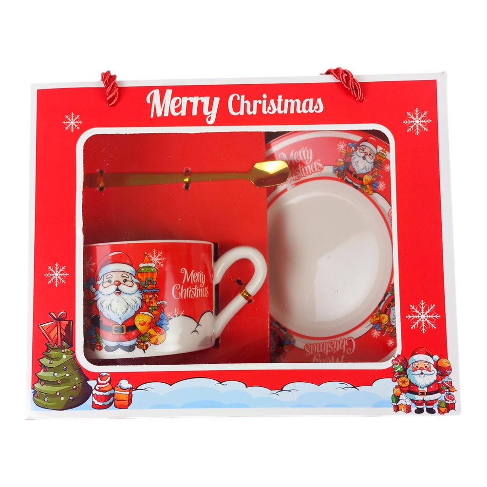 Чашка керамическая с блюдцем 250мл "Санта Клаус с елкой" в подарочном пакете (HM-306-B-1)