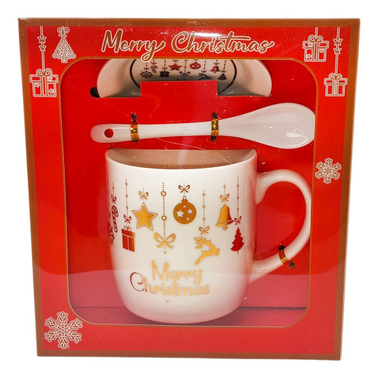 Чашка керамическая 350мл "Новогодняя золотая" с блюдцем, ложкой в подарок (HK-2173-B)