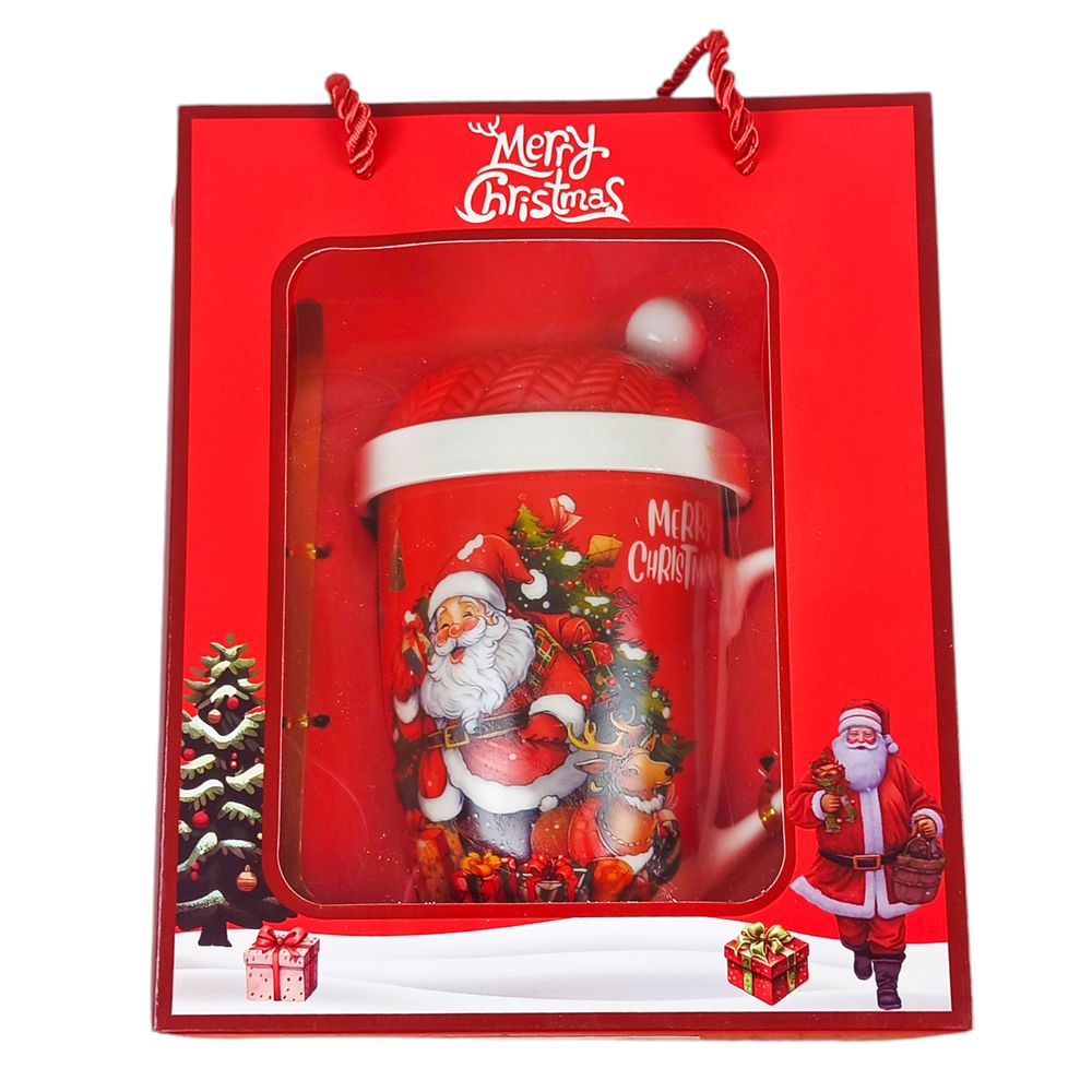 Чашка керамическая  350мл "Санта Клаус" с крышкой, ложкой, в подарочном пакете, 4 вида (HM-317-B)