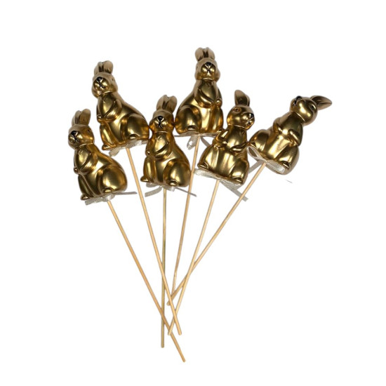 Набор золотых пасхальных кроликов  8 х 4см -6шт на палочке (L00160)