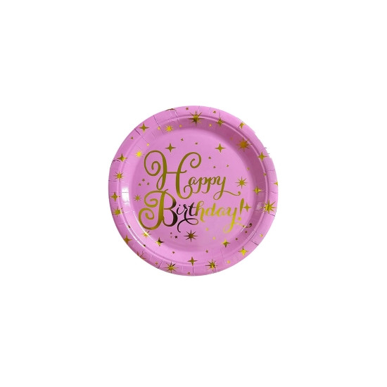 Тарелки бумажные TM Pelican 18cm "Happy Birthday розовые с  золотом"   10шт (871624)