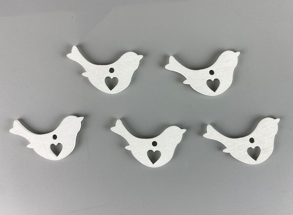 Дерев'яна пташка з сердечком 5 х 6см, біла, 5шт (TK-022)