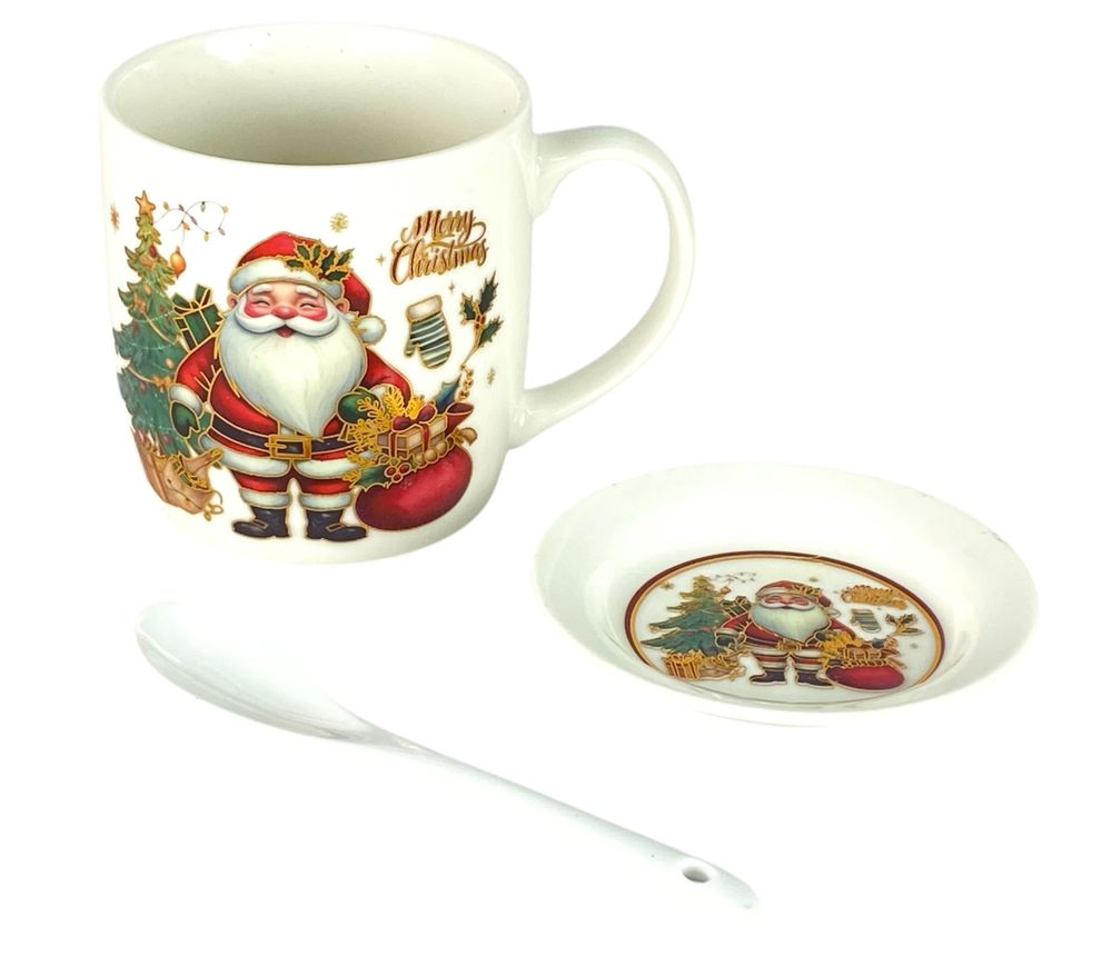 Чашка керамічна 350мл "Санта Клаус з мішком подарунків-золоте обведення" із блюдцем, ложкою (Q-40-B)