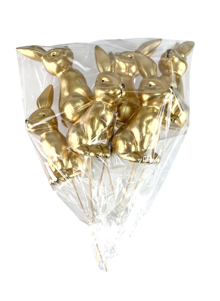 Набор золотых пасхальных кроликов 14 см -6шт на палочке Золотой (L00220)