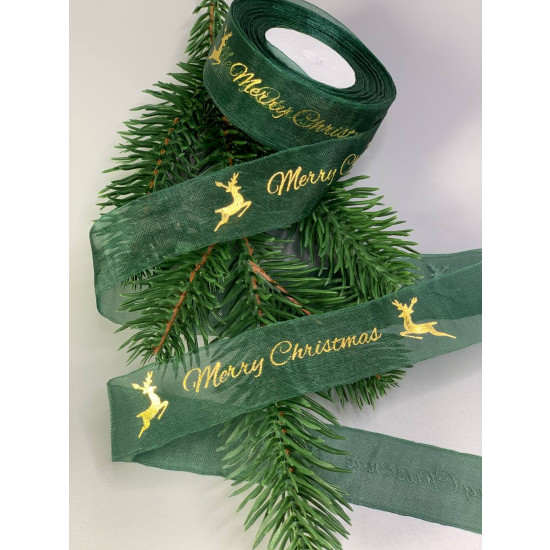 Лента с органзы новогодняя зеленая  25мм Merry Christmas, 25 ярд Зеленый Unison (D13701 green)