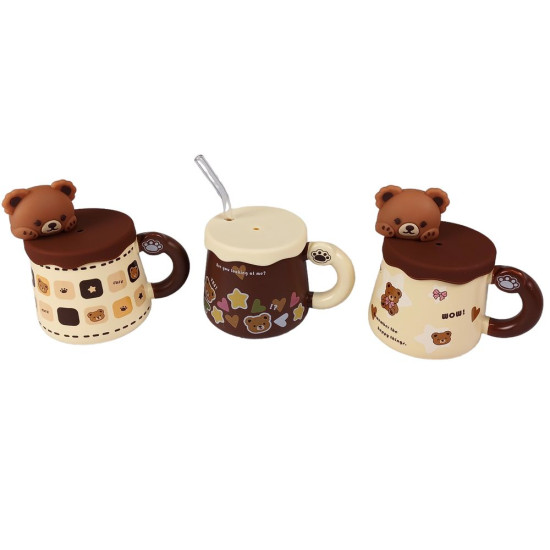 Чашка керамическая 420мл "Мишка" силиконовая крышка + трубочка Разноцветный Unison (494)