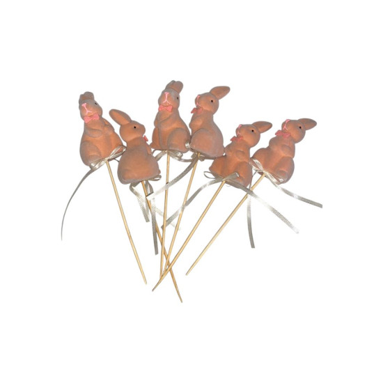 Набор  пасхальных бархатных кроликов  8 х 4см -6шт на палочке (L00162 powder)