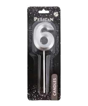 Свеча цифра 3D для торта "6", серебро 5см (863216)