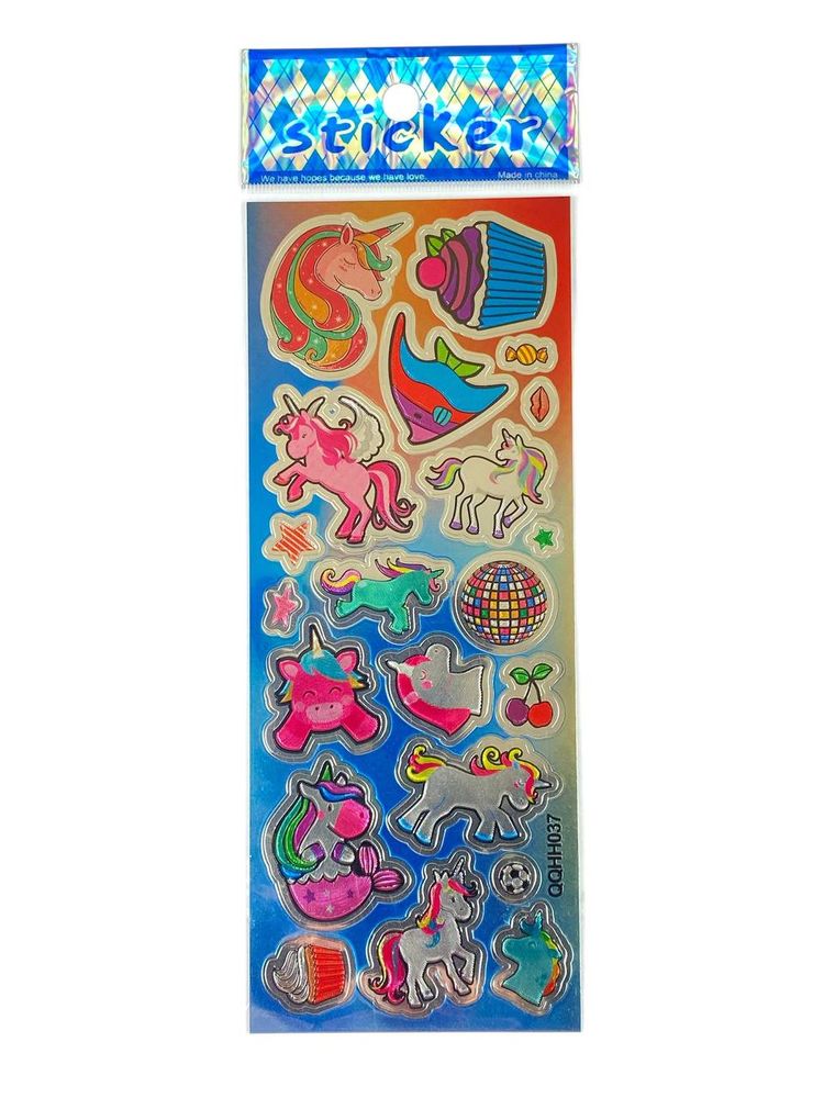 Наклейка пластиковая лазерная 7 х 17см "Стикеры с единорогами" (QQHH037)