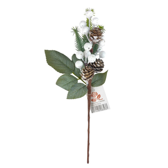 Новорічна гілка з ягідками 30 см, зелена з білими ягідками (с30585)
