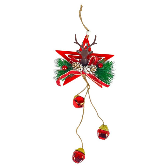 Деревʼяная підвіска зірка червона з оленем 12 х 12 см (L00409.5)