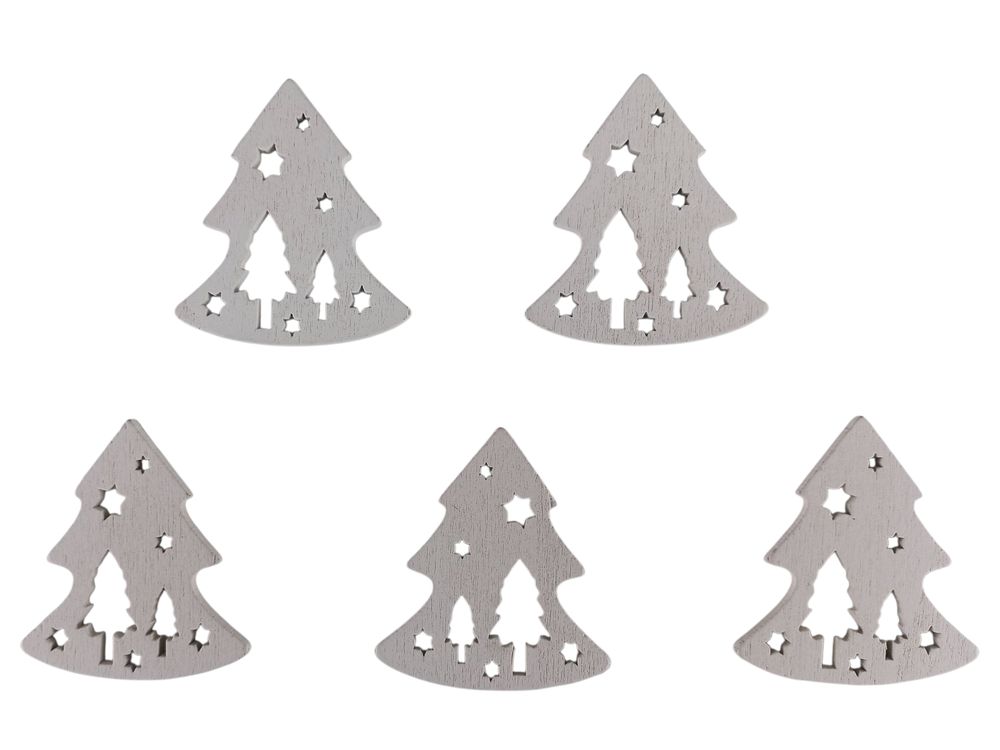 Дерев'яна ялинка з зірками і ялинами 5 х 6см, біла, 5шт (TK-032)