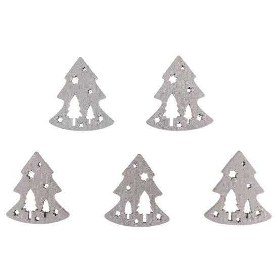 Дерев'яна ялинка з зірками і ялинами 5 х 6см, біла, 5шт (TK-032)