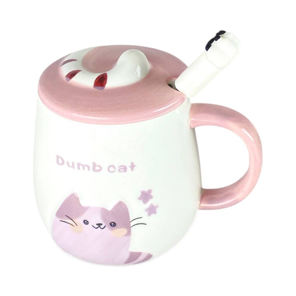 Чашка керамическая 400мл "Котик лапка" с крышкой, ложкой 4 вида (1060)