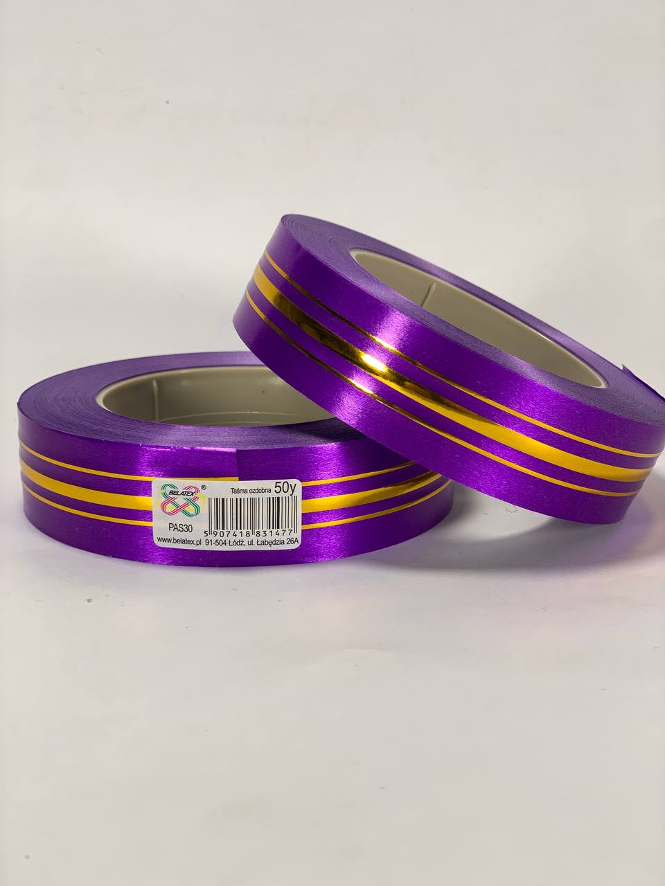 Лента пластиковая 3см, 50 ярд, фиолетовая  3 золотых полосы Фиолетовый Unison (PAS30 -purple)