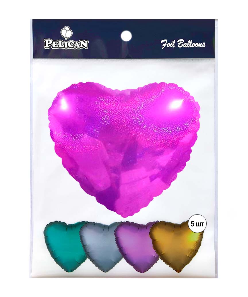 Кулька фольгована Pelican 18' Серце голограма блиск рожевий  45см, 5шт/уп Рожевий Pelican (833656)