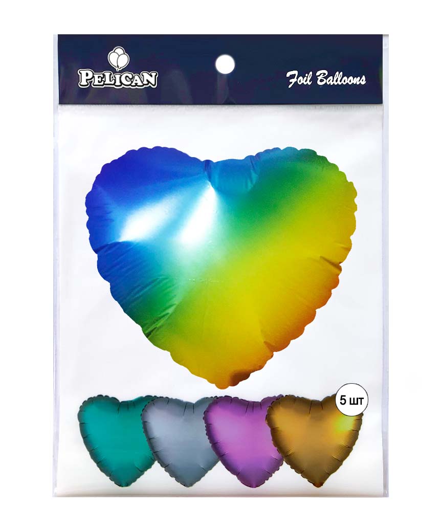 Кулька фольгована Pelican серце 18' (45см), градієнт яскрава веселка, 5шт/уп Різнокольоровий Pelican (833698)