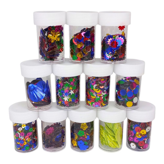 Набір для творчості  "Зірочки, кружочки,сердця, квіточкиі блискучі" в банці, 12 видів (985-1)