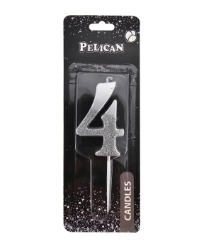 Свічка цифра з блискітками "4", срібло 5см (863314)