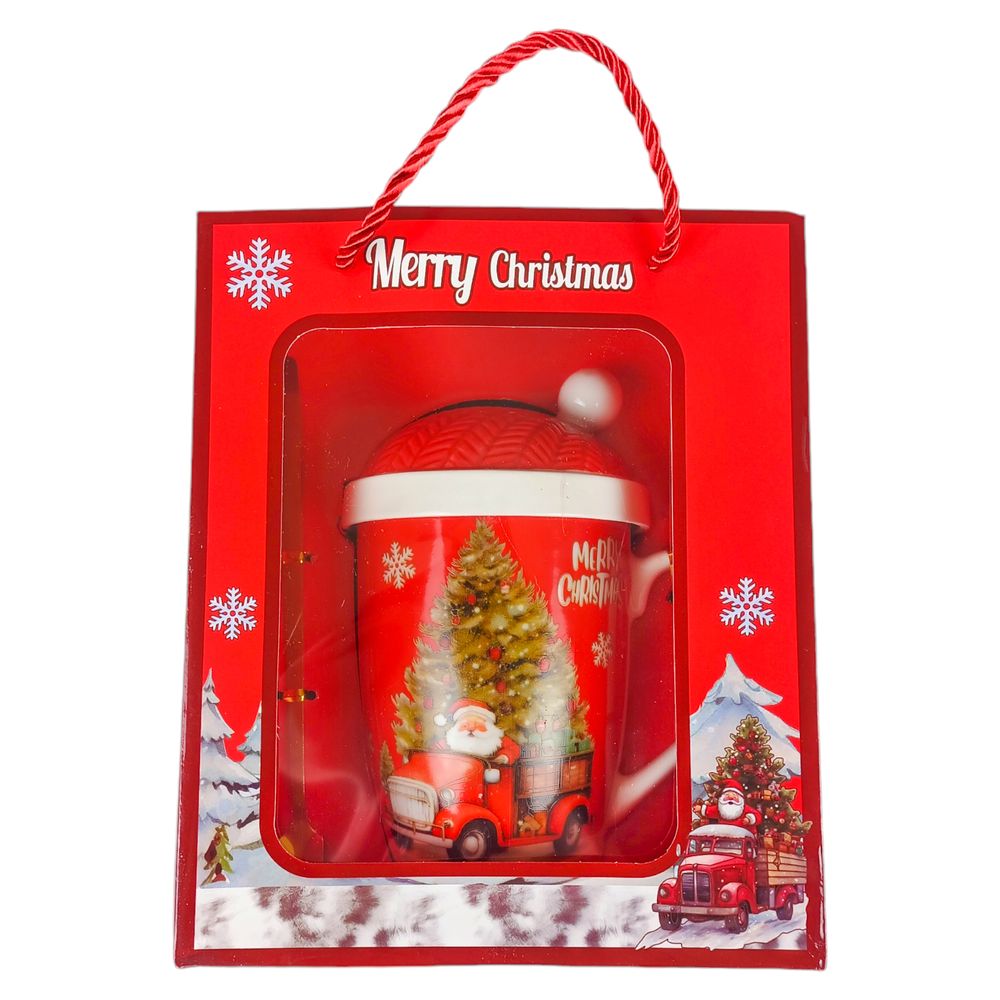 Чашка керамическая  350мл "Новогодняя" с крышкой, ложкой, в подарочном пакете, 4 вида (HM-320-B)