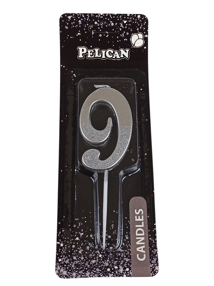 Свеча цифра с блестками "9", серебро 5см (863319)