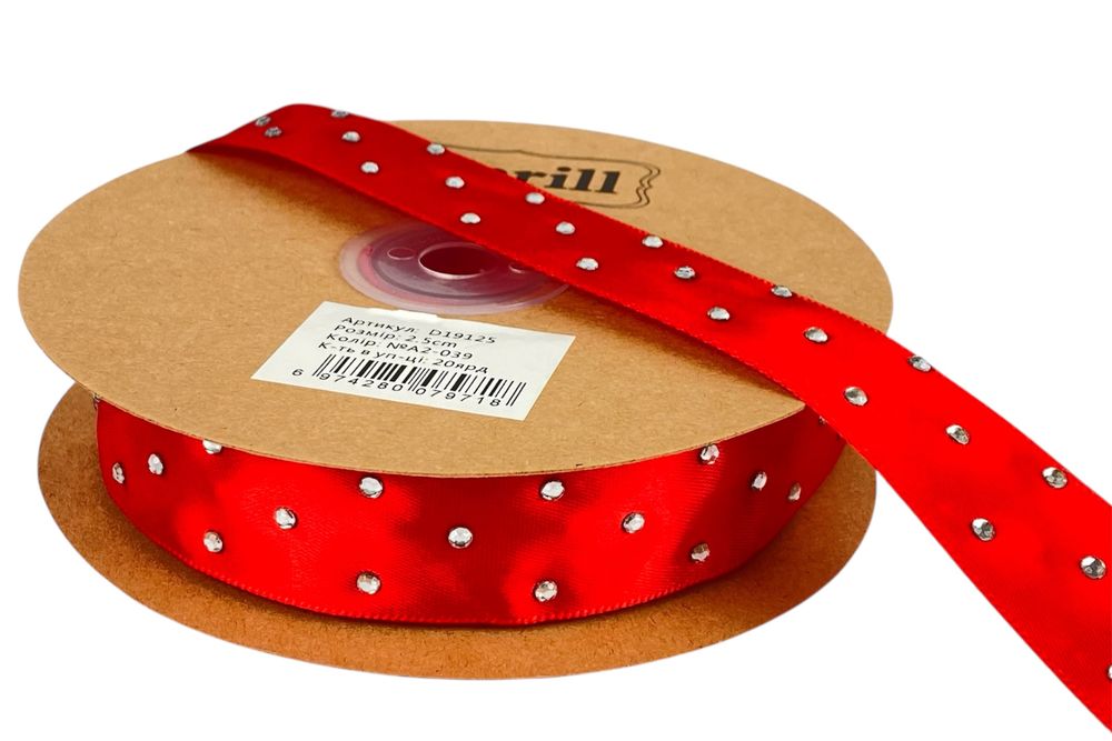 Атласная лента 2,5см х 18м со стразами красная (D19125-A2-039)