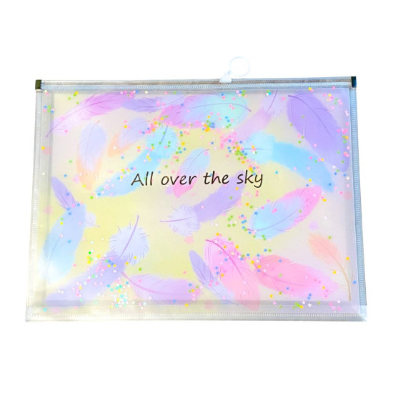 Папка для зошитів А4+ на блискавці "Сипучі блискітки-Пір'я" 33 х 24,5см (2400-А4)