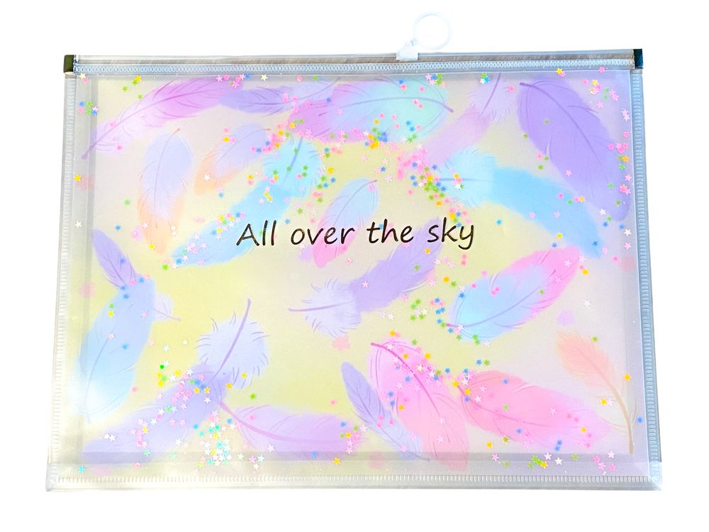 Папка для зошитів А4+ на блискавці "Сипучі блискітки-Пір'я" 33 х 24,5см (2400-А4)