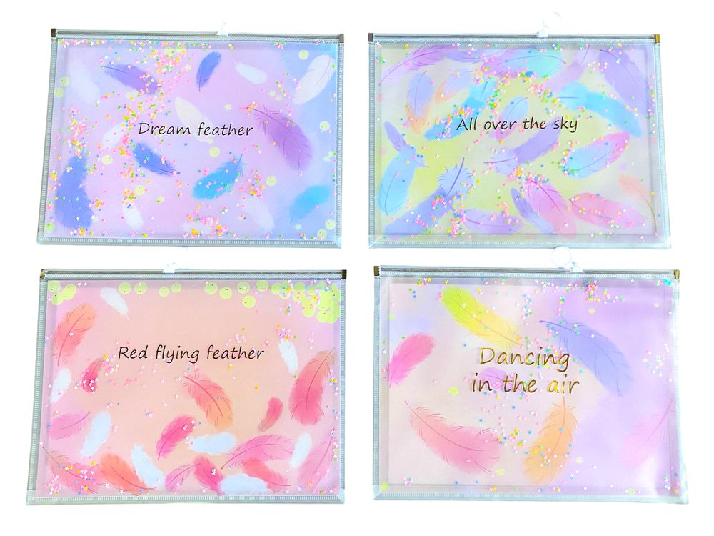 Папка для зошитів А4+ на блискавці "Сипучі блискітки-Пір'я" 33 х 24,5см (2400-А4)