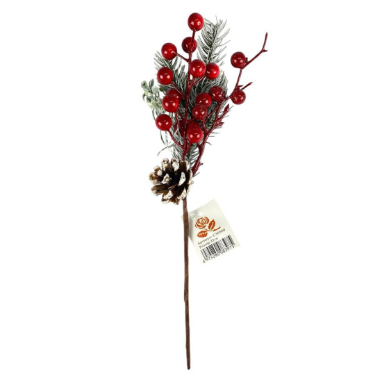 Новорічна гілка з ягідками 32 см, зелена з червоними ягідками (с30589)