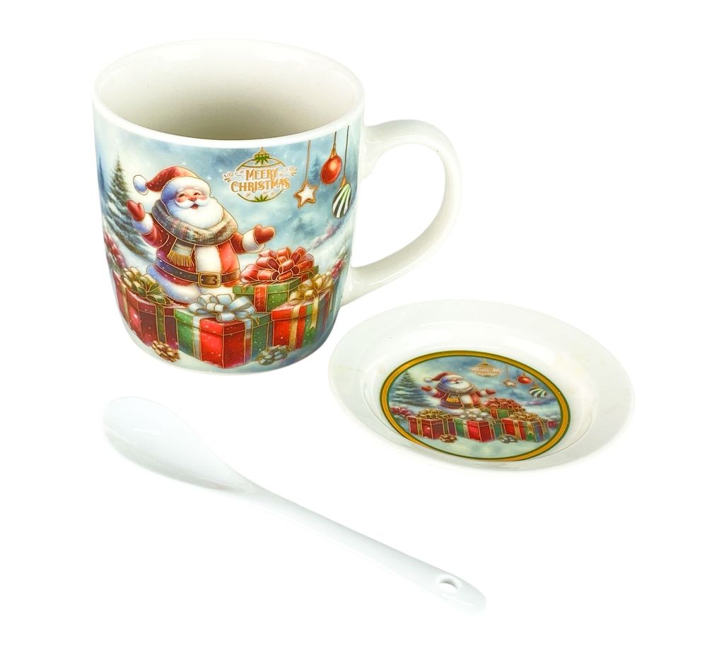 Чашка керамічна 350мл "Санта Клаус з подарунками" із блюдцем, ложкою (Q-29-B)