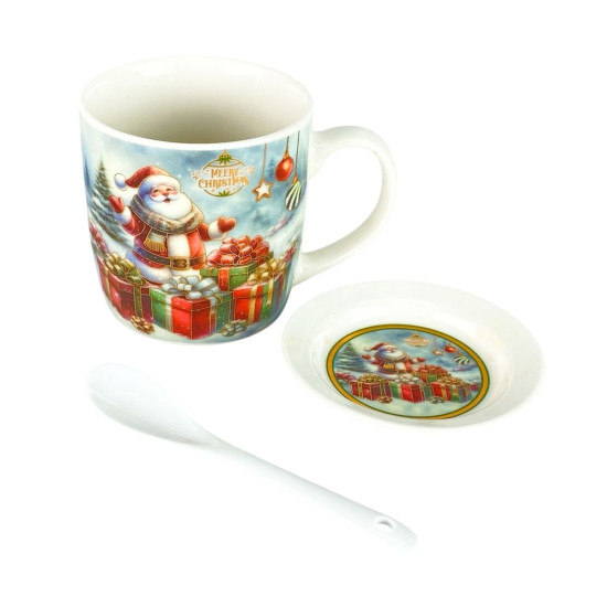 Чашка керамічна 350мл "Санта Клаус з подарунками" із блюдцем, ложкою (Q-29-B)