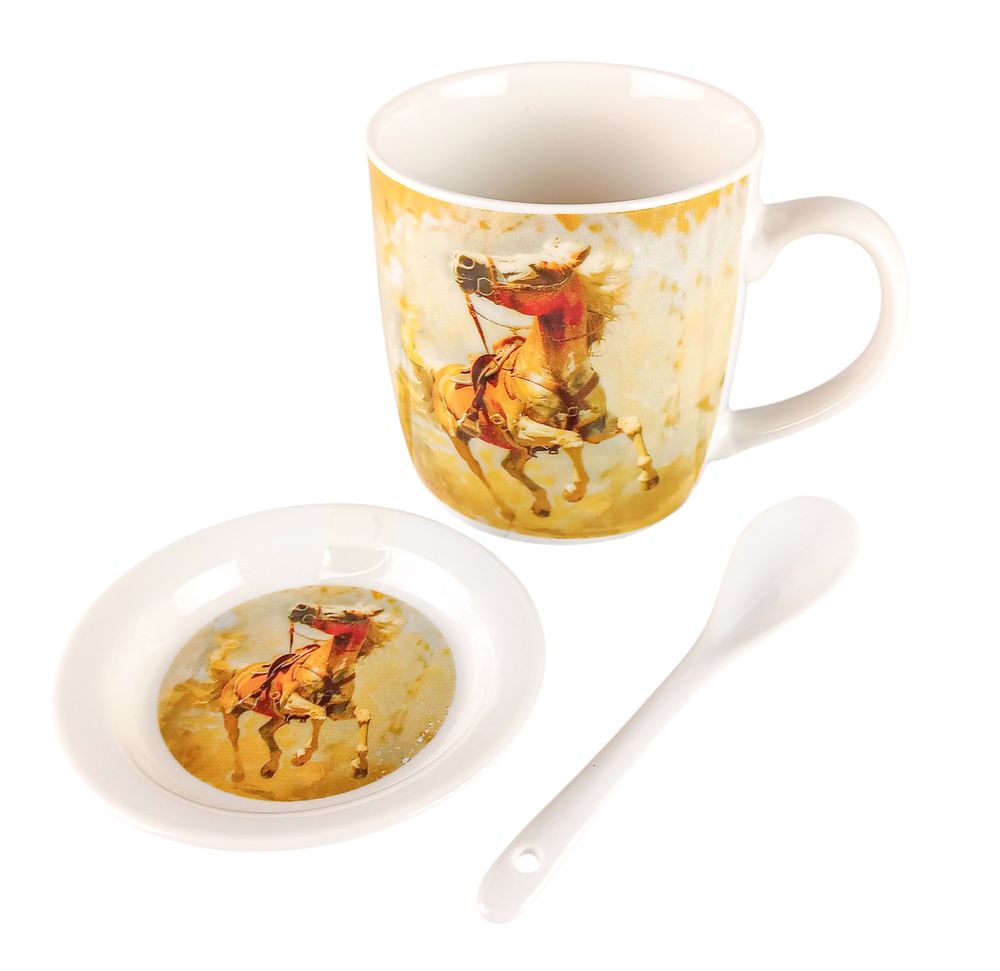 Чашка керамічна 350мл "Кінь" з блюдцем, ложкою, у подарунковій упаковці (НК-2345)