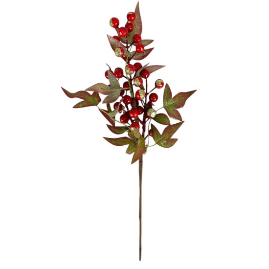 Новогодняя ветка 35см, зелено-коричневая с красными ягодками (с30604)