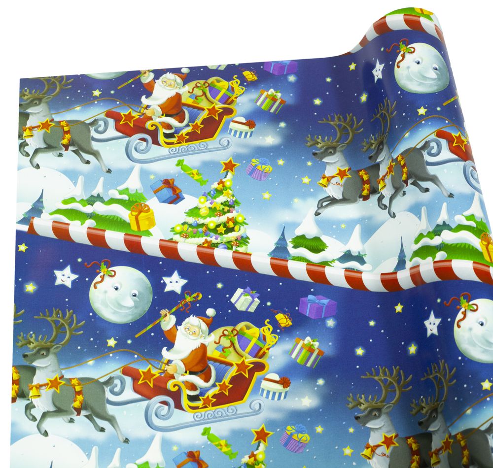 Бумага новогодняя мелованная для упаковки подарков 80г 100х70 -10 листов Синий Unison (PVM10-178NY)