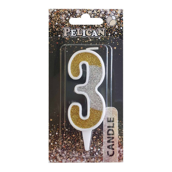 Свеча для торта Pelican "3" СЕРЕБРЯНО-ЗОЛОТАЯ 7см Разноцветный Pelican (867033)
