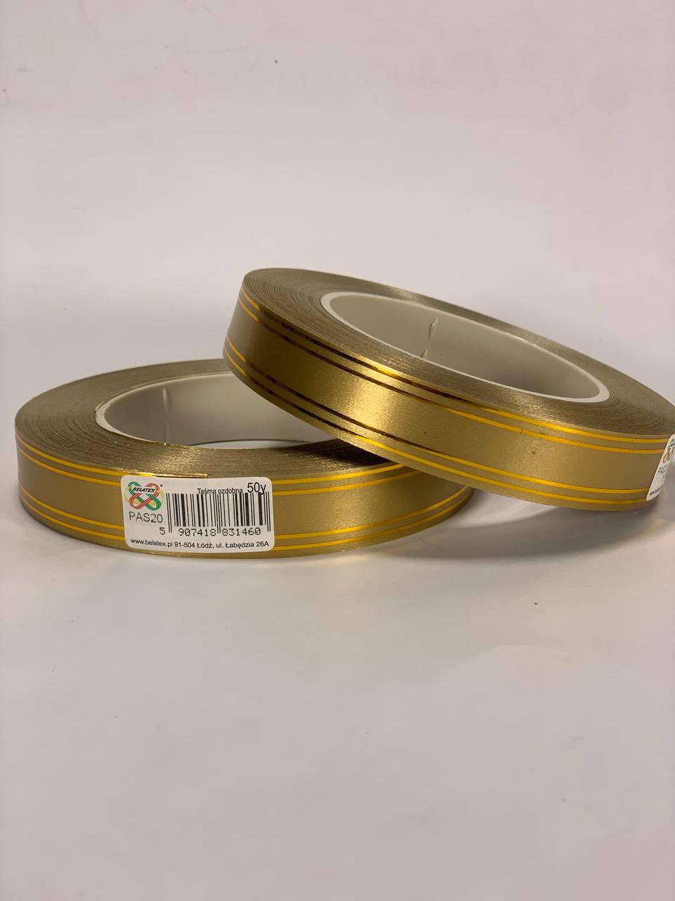 Лента пластиковая 2см, 50 ярд, золотая + 2 золотые полоски (PAS20 -2 gold)