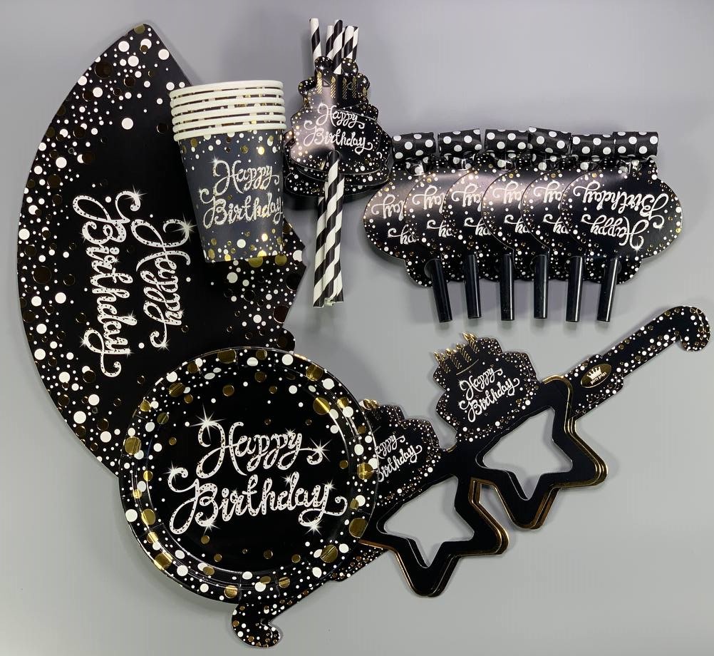 Набор одноразовй посуды  "Happy birthday" позолота Черный Unison (7500-83)