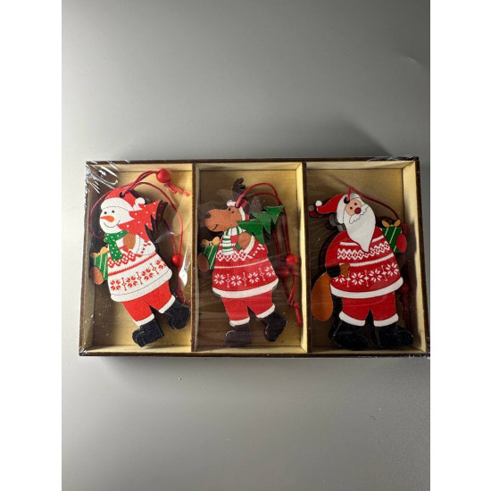 Набор подвесок новогодних деревянных "Санта Клаус, Олень, Снеговик" 8см 6шт Красный Unison (9244)