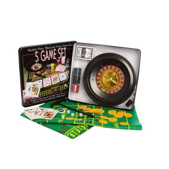 Игра настольная 5 в 1 "Рулетка, Крепс, Покер, Блэк-Джек, Poker Dice" в металлической коробке Unison (23869-5)