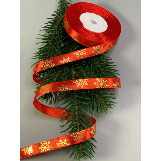 Лента репсовая новогодняя красная Снежинки 12мм х 22м Красный Unison (D13512 red)