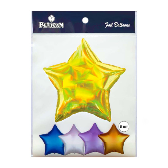 Шарик фольгированный Pelican 10' звезда голограмма золото 25 см, 5шт/уп Золотой Pelican (832761)