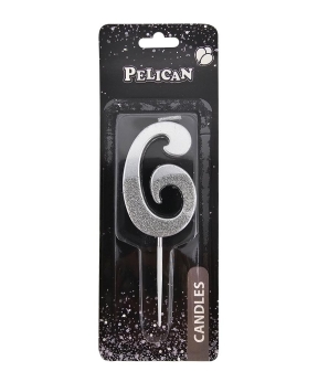 Свічка цифра з блискітками  "6", срібло 5см (863316)