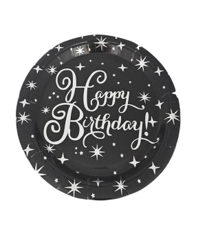 Тарелки бумажные TM Pelican 18cm "Happy Birthday чорные с  серебром"   10шт (871621)