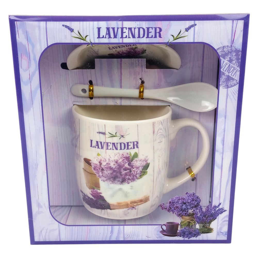 Чашка керамическая 350мл "Лаванда" с блюдцем и ложкой 4 вида (1390)